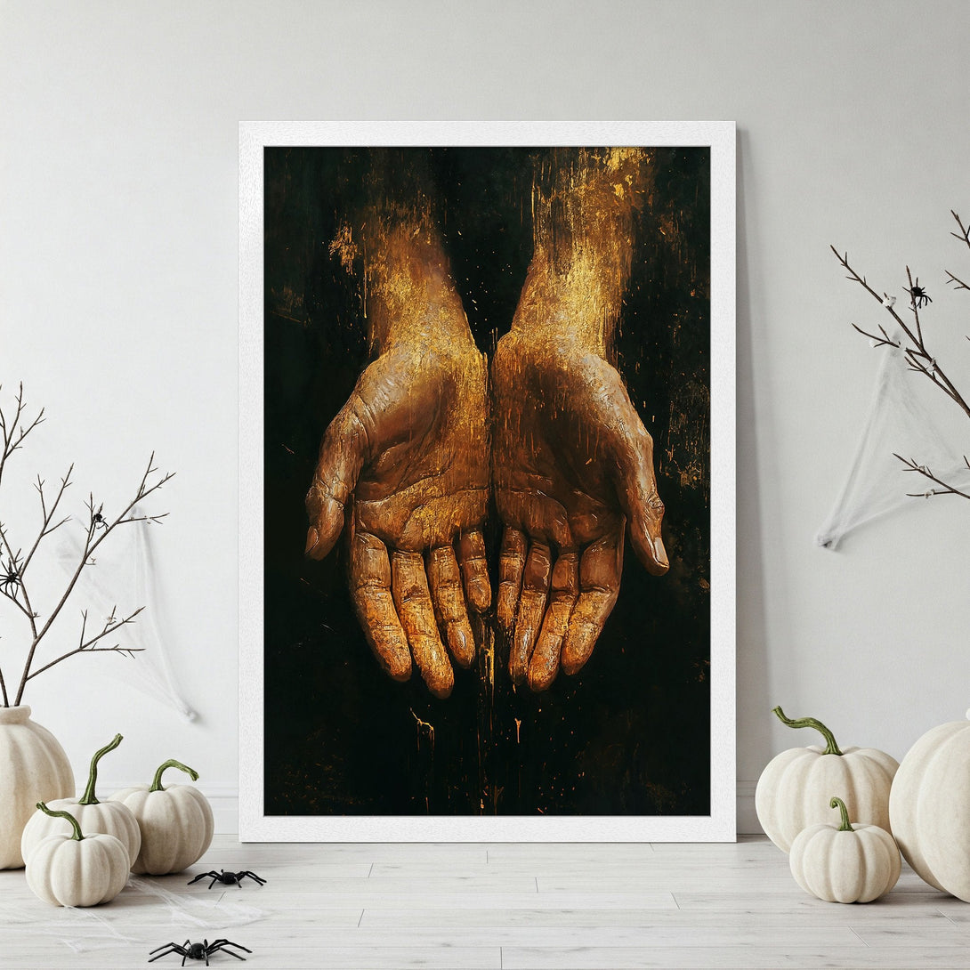 Framed Poster featuring detailed hands in a dark, gold and black color palette. Perfect for adding a touch of mystery and art to your home.