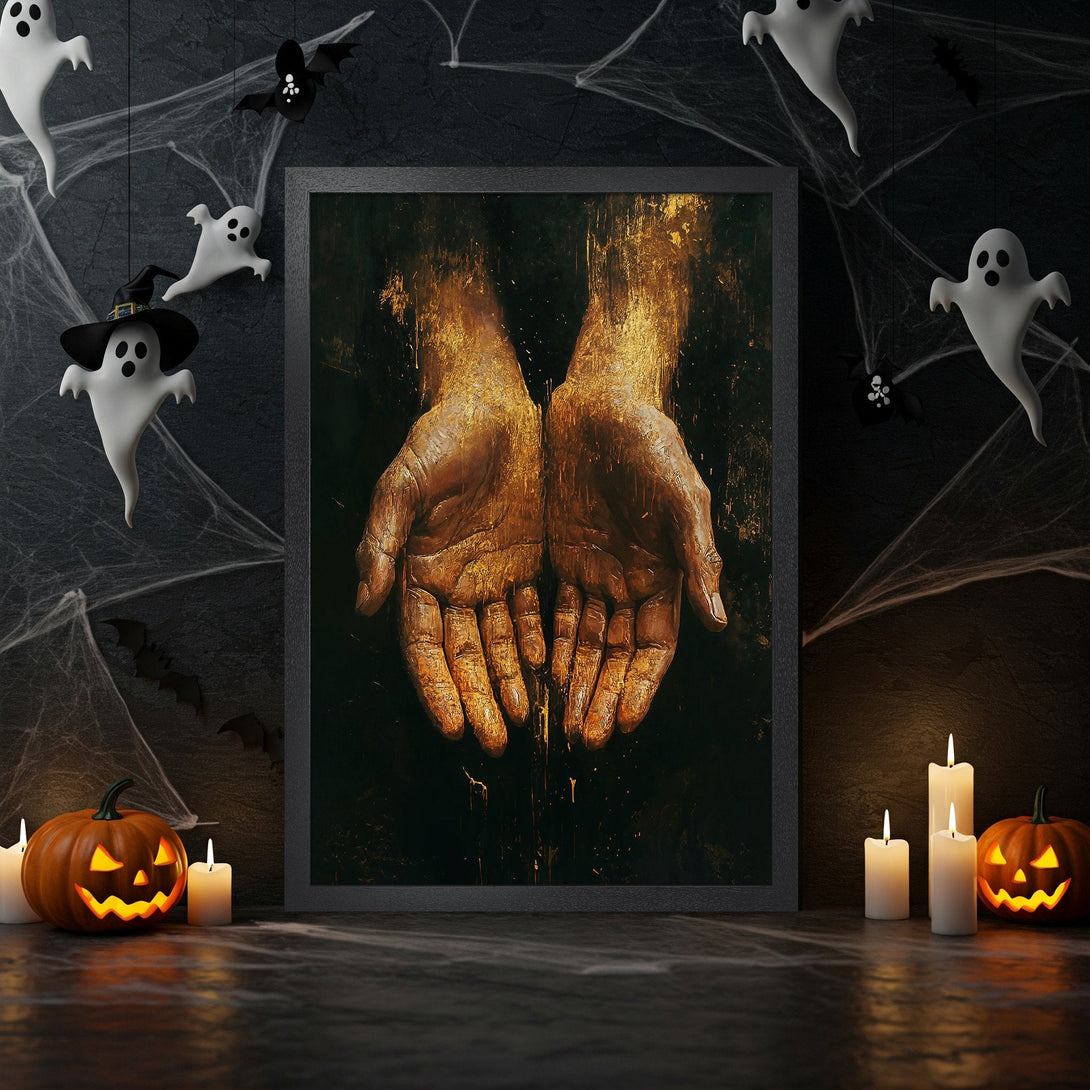 Framed Poster featuring abstract hands art in gold tones, perfect for Halloween decor. Dark, moody color palette.