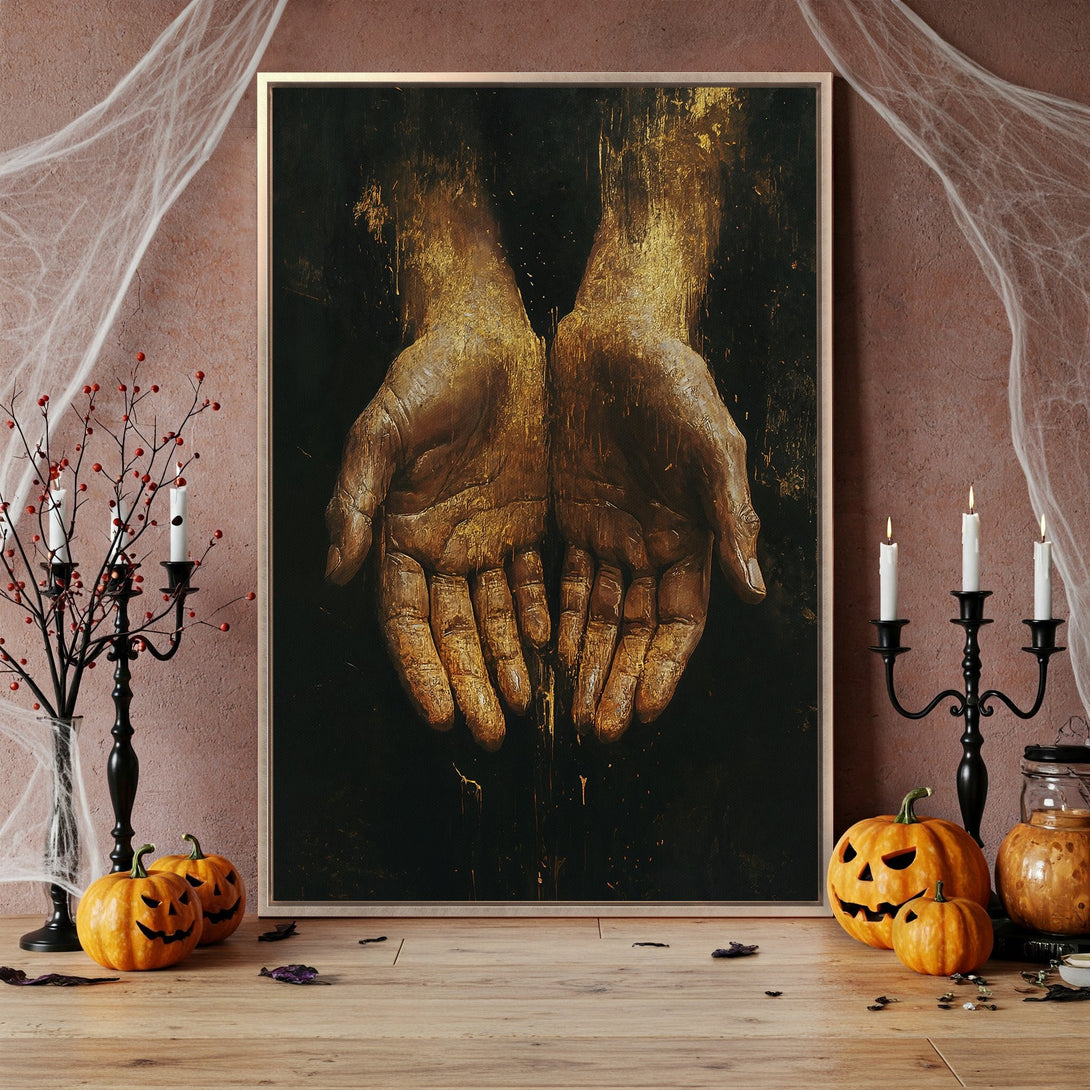 Framed Wall Art featuring abstract hands in gold tones. Dramatic, dark color palette perfect for Halloween decor. Add a touch of mystery to your space!