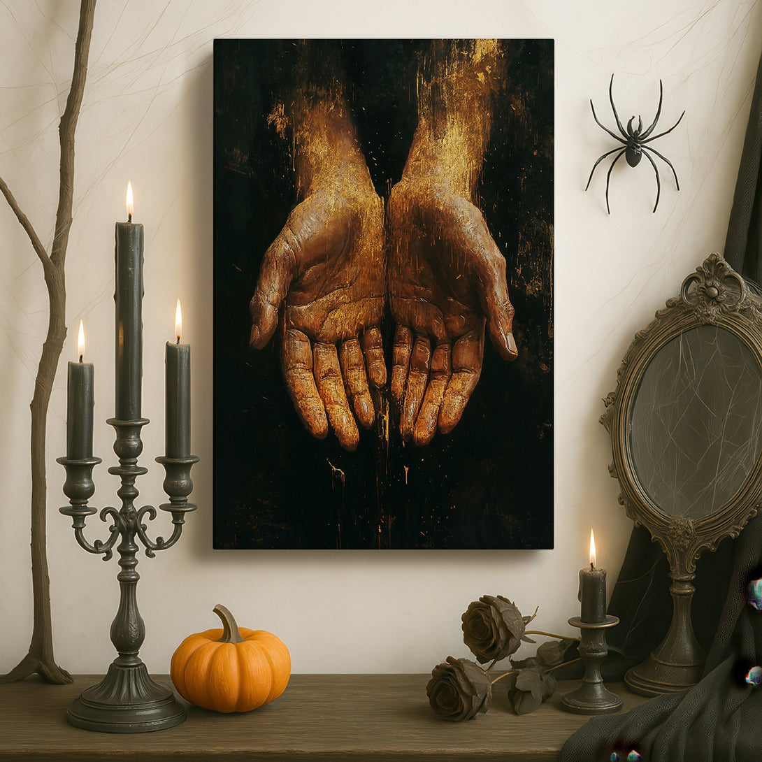 Framed Wall Art: Abstract hands in gold and black. Dramatic canvas print in a luxurious interior with warm, rich tones. Perfect for a statement piece.