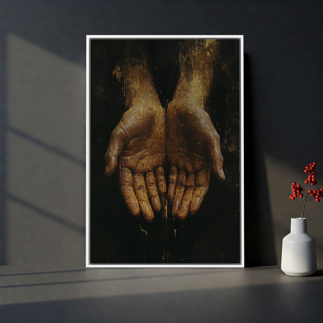 Framed Wall Art featuring a detailed painting of hands in warm gold tones against a dark background. Perfect for adding a touch of elegance to your space.