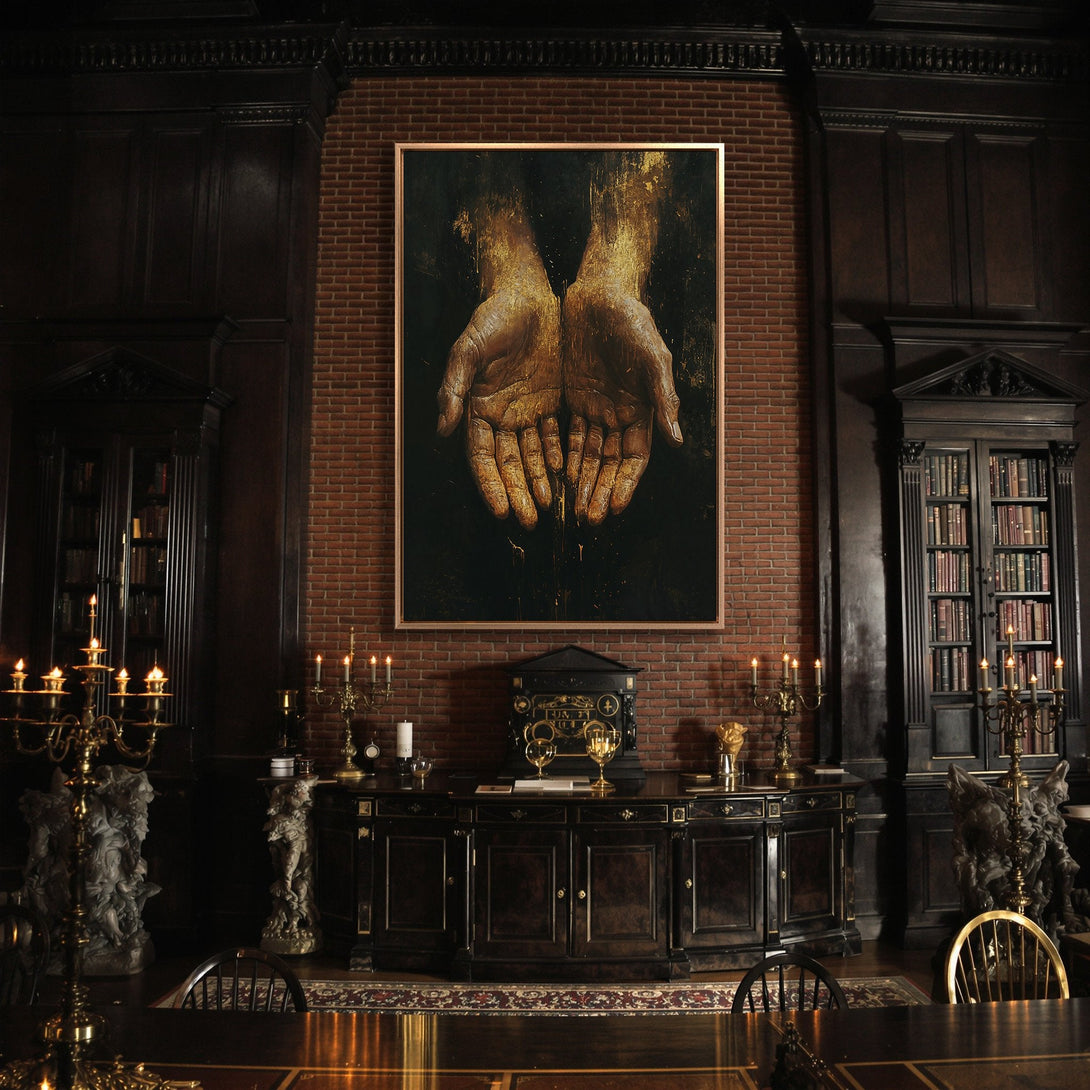 Framed Wall Art: Abstract hands in gold tones, displayed in a dark, elegant interior. Enhance your space with this unique canvas print.
