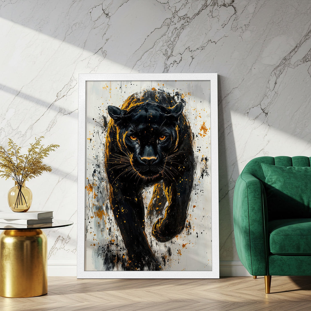Framed Poster featuring a black panther in an expressive, abstract style with a black, gold, and white color palette. Add bold art to your space!
