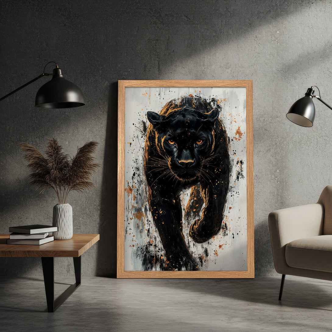 Framed Poster of a black panther in a modern, abstract style with a black, white, and gold color palette. Add a touch of wild to your decor!