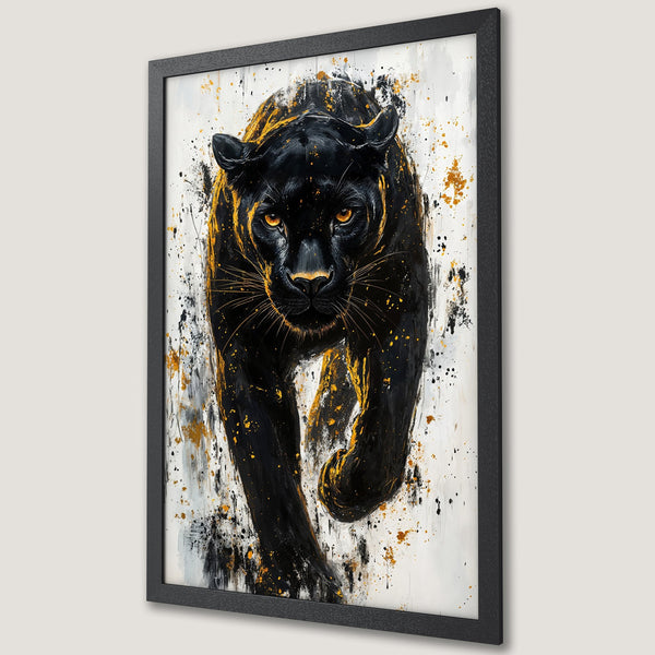 Framed Poster featuring a black panther in an abstract style with black, gold, and white color palette. Perfect for modern home decor.