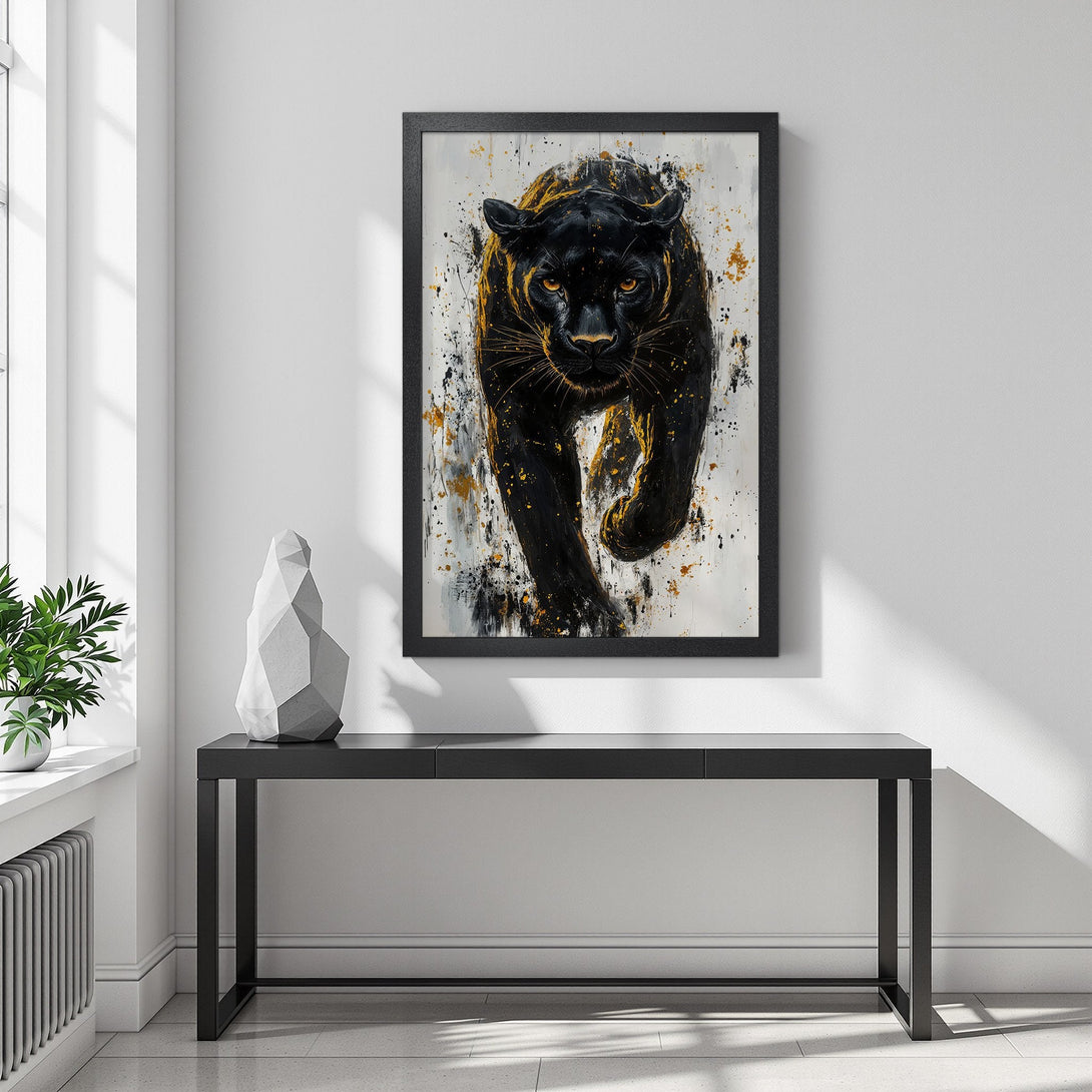 Framed Poster featuring a black panther artwork in an abstract style with a black, gold, and white color palette. Add a touch of wild elegance to your space!