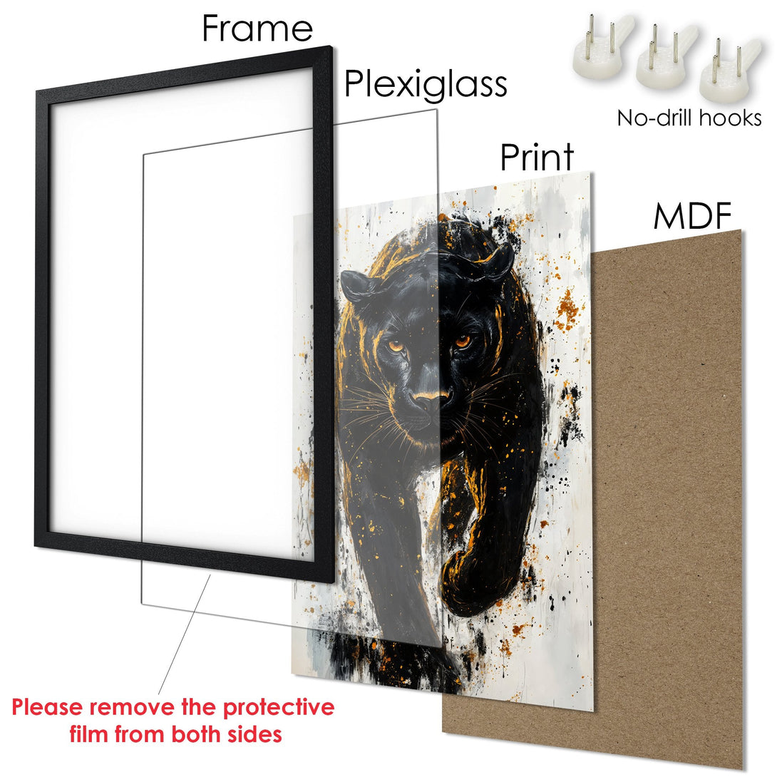 Framed Poster featuring a black panther in an abstract style with a black, gold, and white color palette. Perfect art decor!