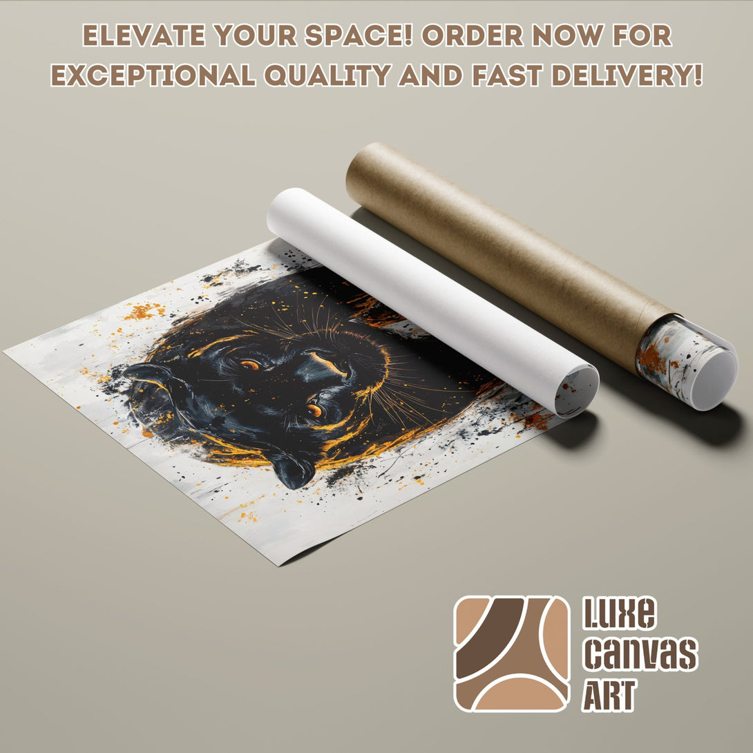 Poster Roll featuring a black panther art print. Modern style with black, white, and orange color palette. Elevate your space!