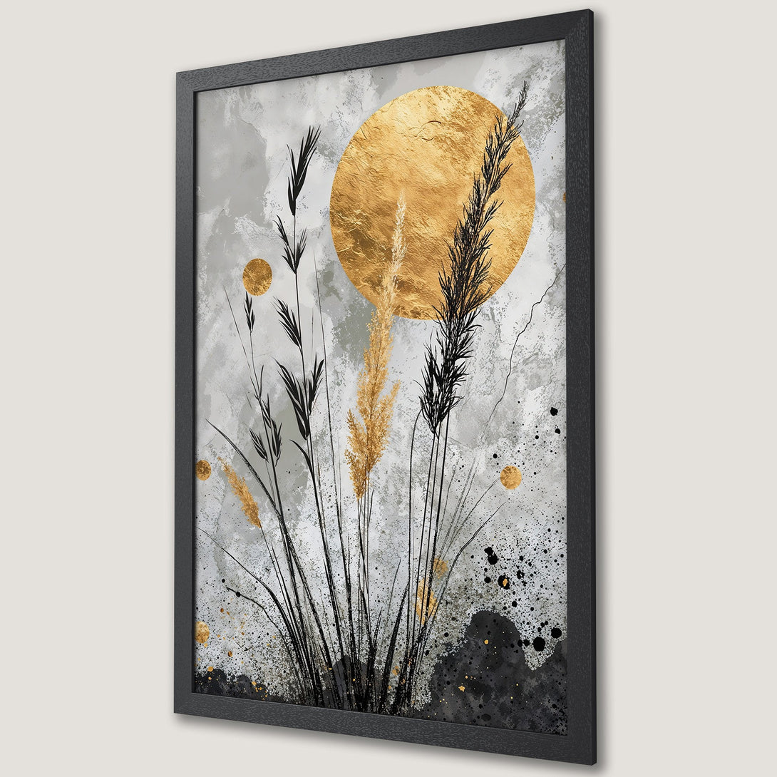 Framed Poster featuring abstract gold sun and black botanical art on a gray background. Modern wall decor with a neutral color palette.
