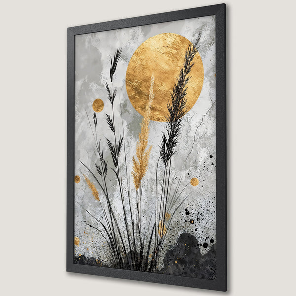 Framed Poster featuring abstract gold sun and black botanical art on a gray background. Modern wall decor with a neutral color palette.