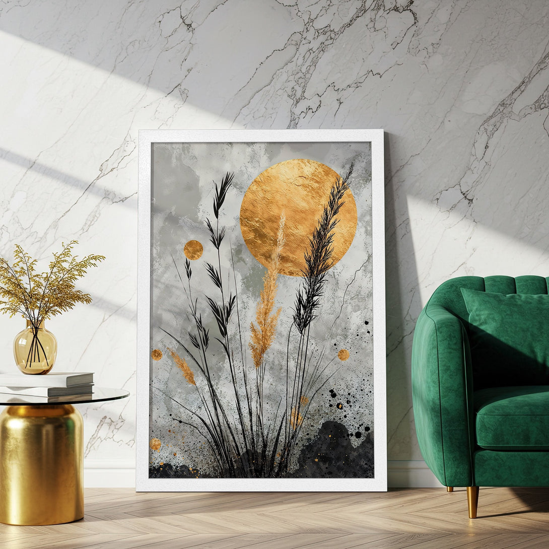 Framed Poster featuring abstract botanical art with gold accents. Modern style in gray, black, and gold color palette. Add elegance to your space!
