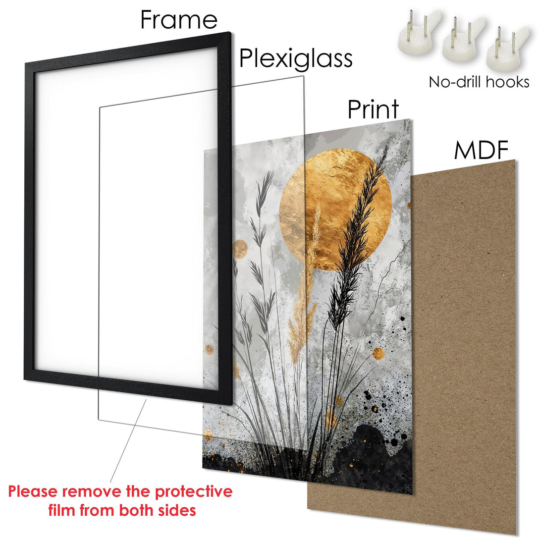 Framed Poster featuring abstract botanical art with gold accents and a gray/black color palette. Modern wall decor.