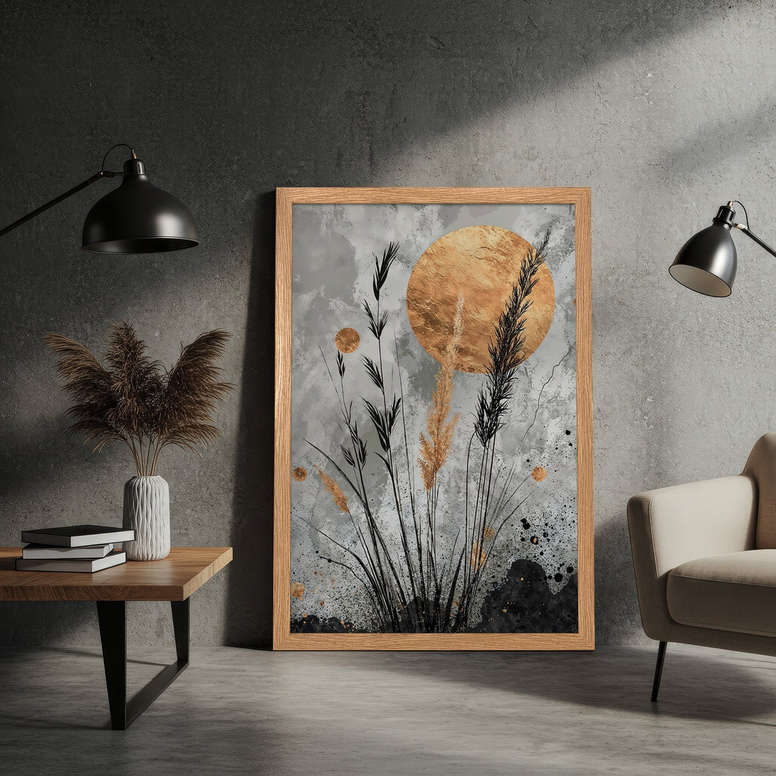 Framed Poster featuring abstract botanical art with gold and black accents on a grey background. Modern style, perfect for home decor.