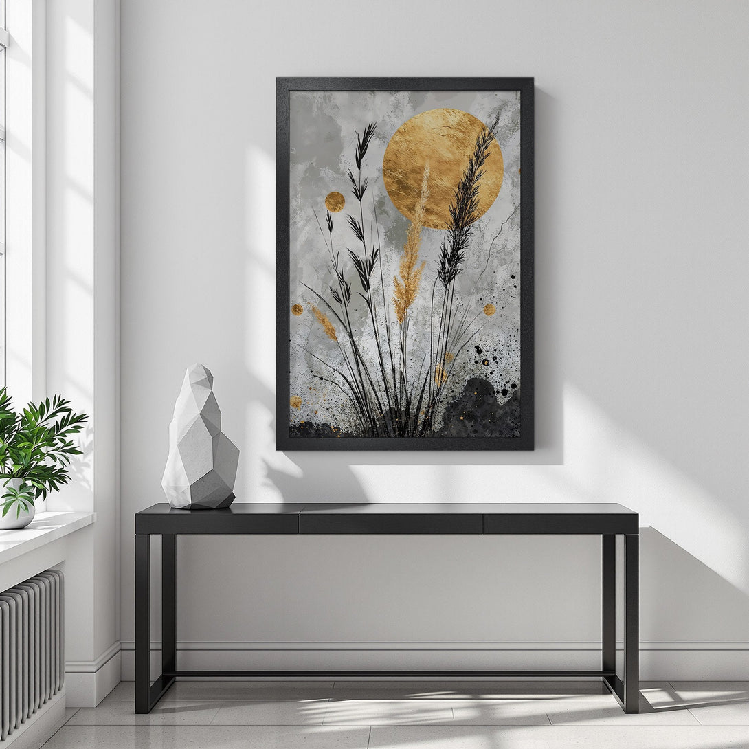 Framed Poster featuring abstract gold and black floral art on a gray background. Modern style, perfect for home decor.