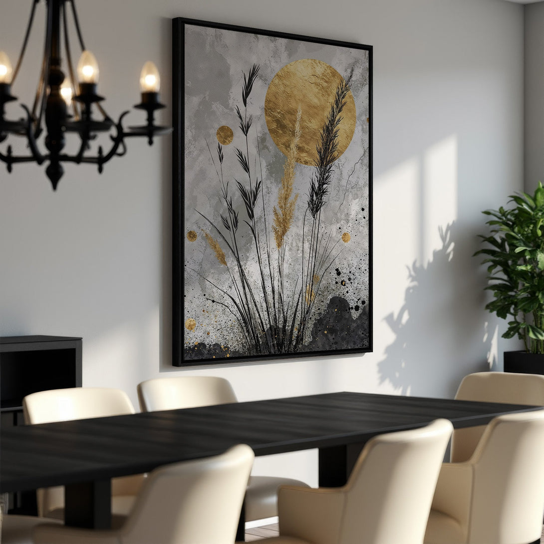 Framed Wall Art featuring abstract botanical art in gray, black, and gold. Modern canvas print perfect for dining room decor.