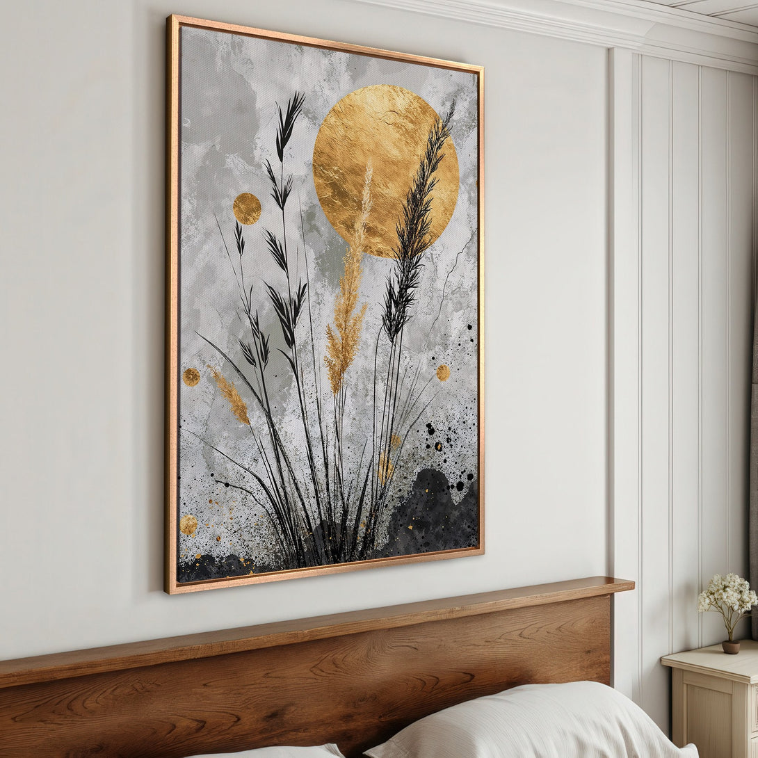 Framed Wall Art: Abstract botanical art print with gold accents, black and gray palette. Modern decor for bedroom or living room.
