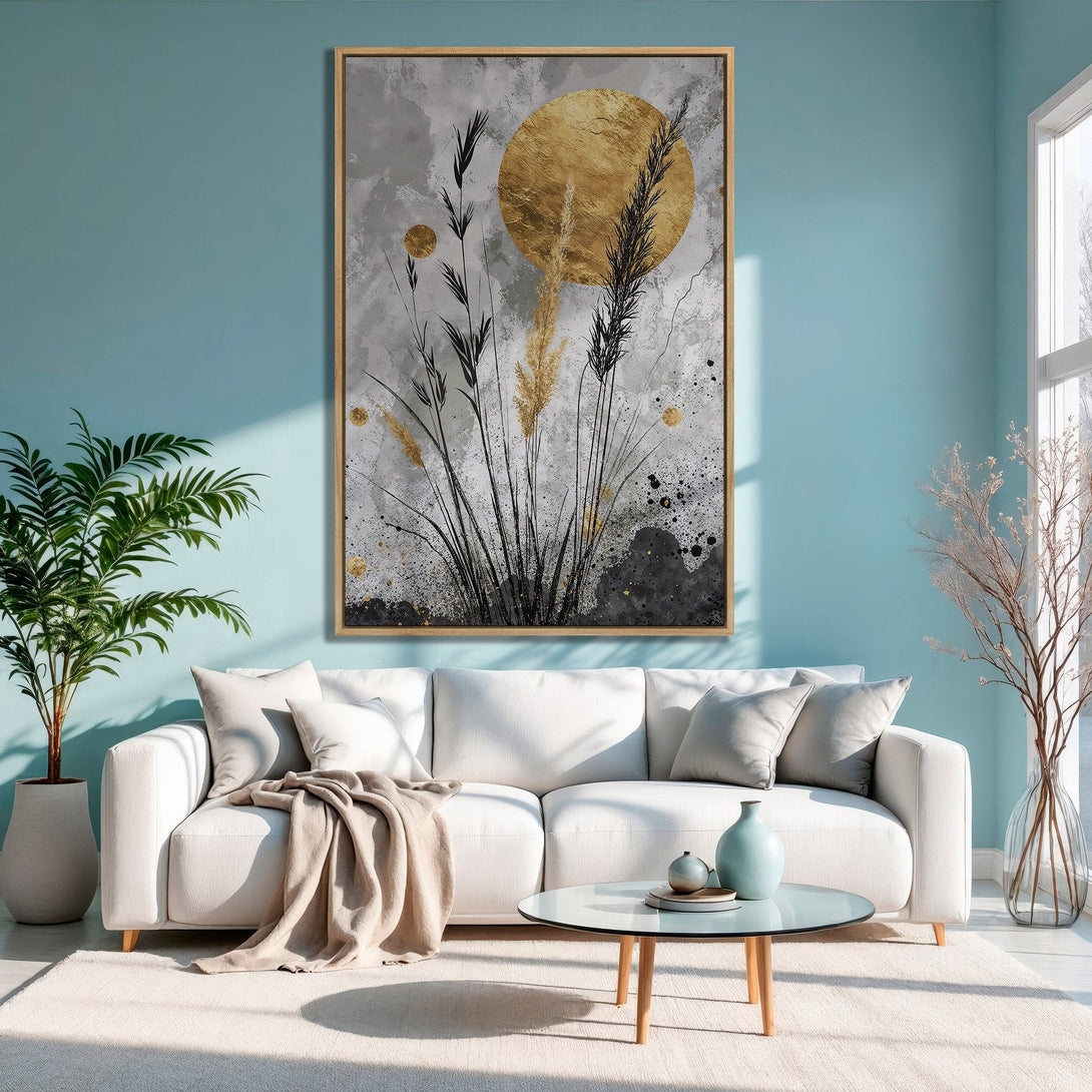 Framed Wall Art: Abstract botanical print with gold accents. Modern style, neutral & gold palette. Perfect for living room decor.