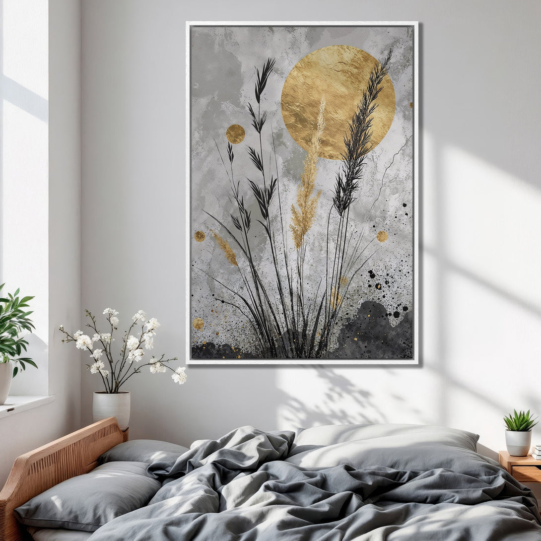 Framed Wall Art: Abstract botanical print in gold, black, and gray. Modern canvas art for bedroom decor. Enhance your space with this stylish piece.