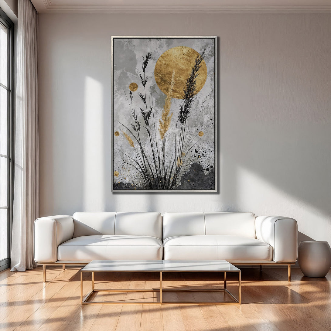 Framed Wall Art featuring abstract gold sun and black grass art. Modern, neutral color palette perfect for living room decor.