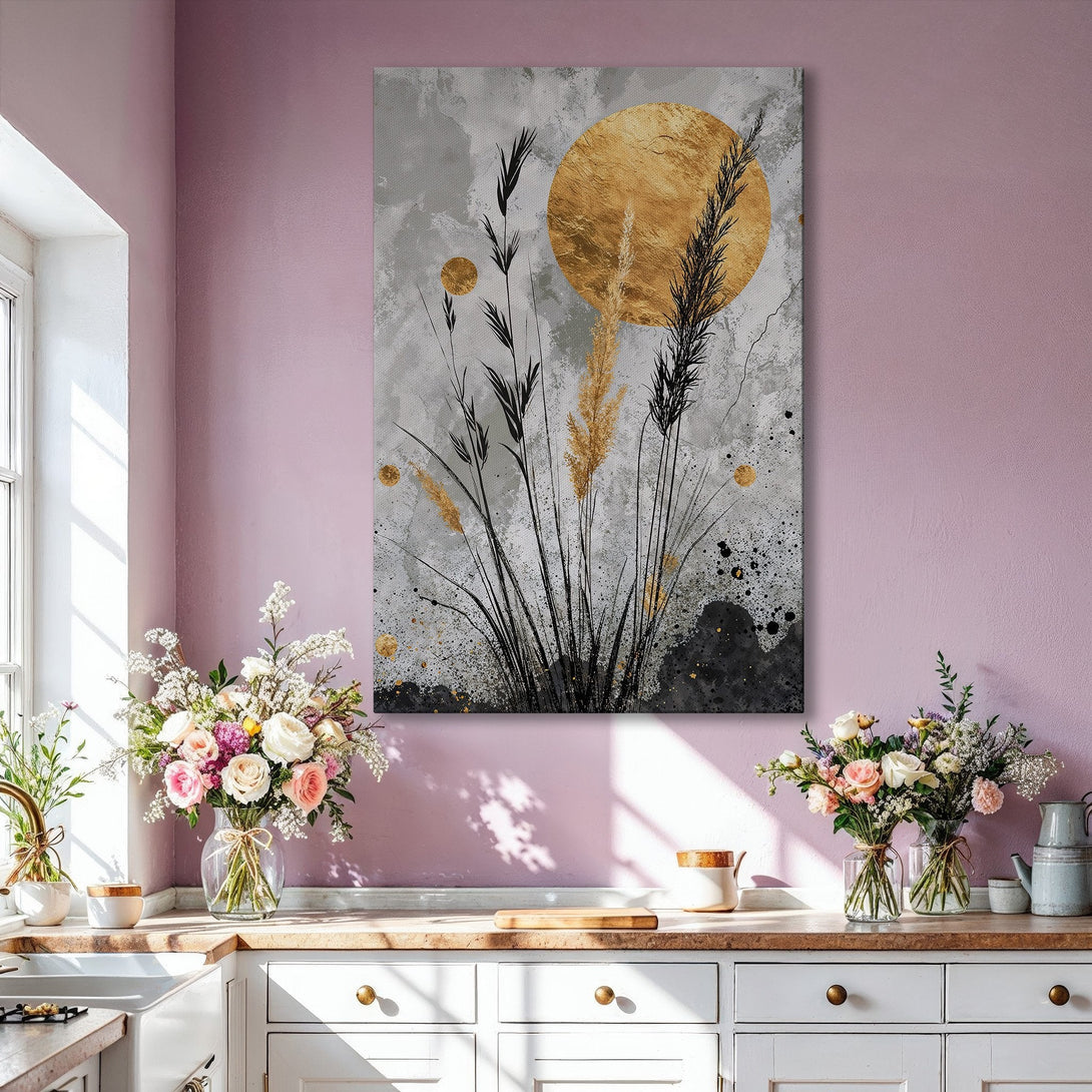 Framed Wall Art: Abstract gold and black botanical print. Modern art with a neutral gray backdrop, perfect for living room decor.