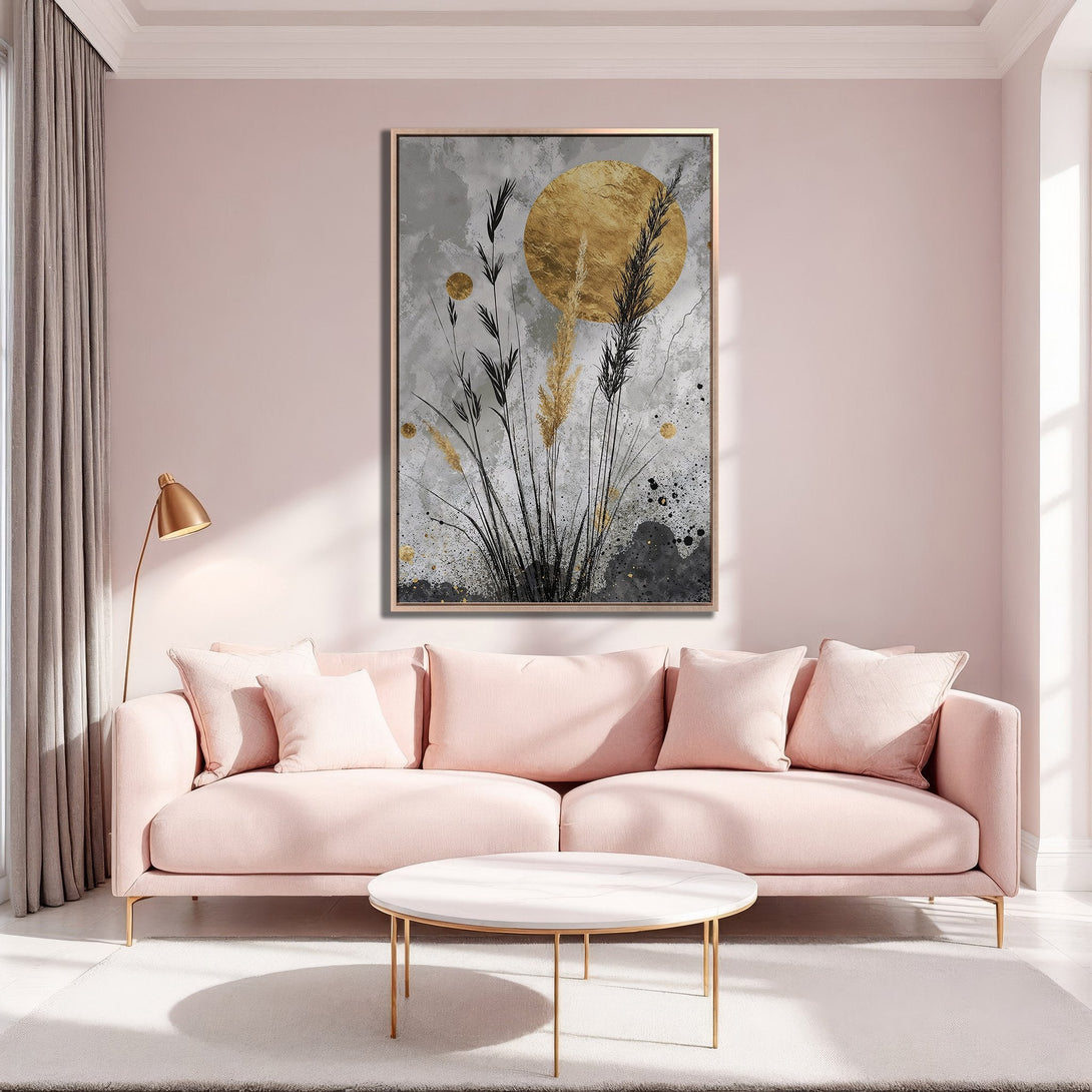 Framed Wall Art featuring abstract botanical art in gold, gray, and black hues. Modern decor in a blush pink interior.