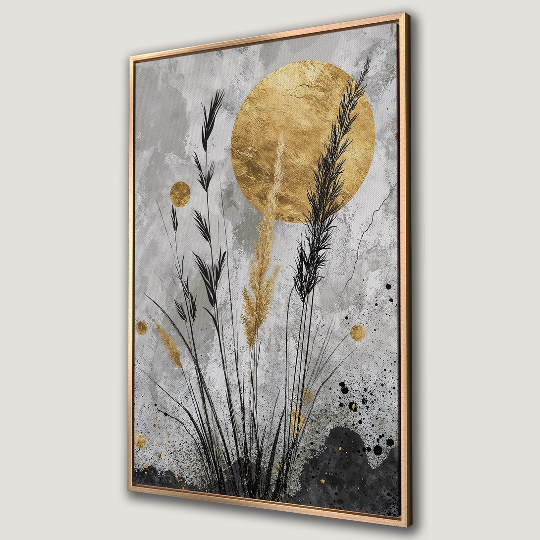 Framed Wall Art: Abstract gold and black botanical print on canvas. Modern art with neutral gray background and gold accents. Perfect for home decor.