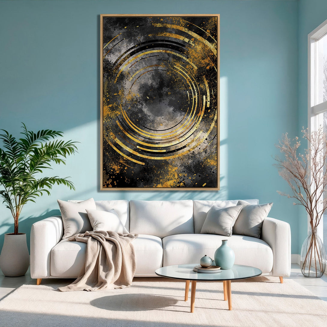 Framed Wall Art: Abstract gold and black design Canvas Print. Modern art for home decor, featuring a stunning gold and dark color palette.