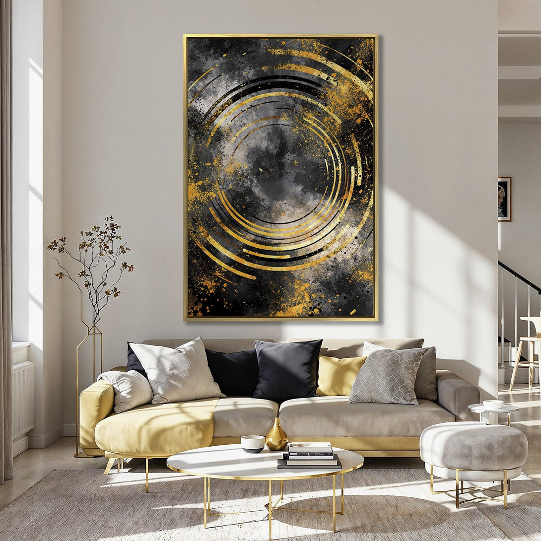 Abstract Canvas Print with gold accents, black and grey background, displayed in a kitchen. Modern wall art for home decor.