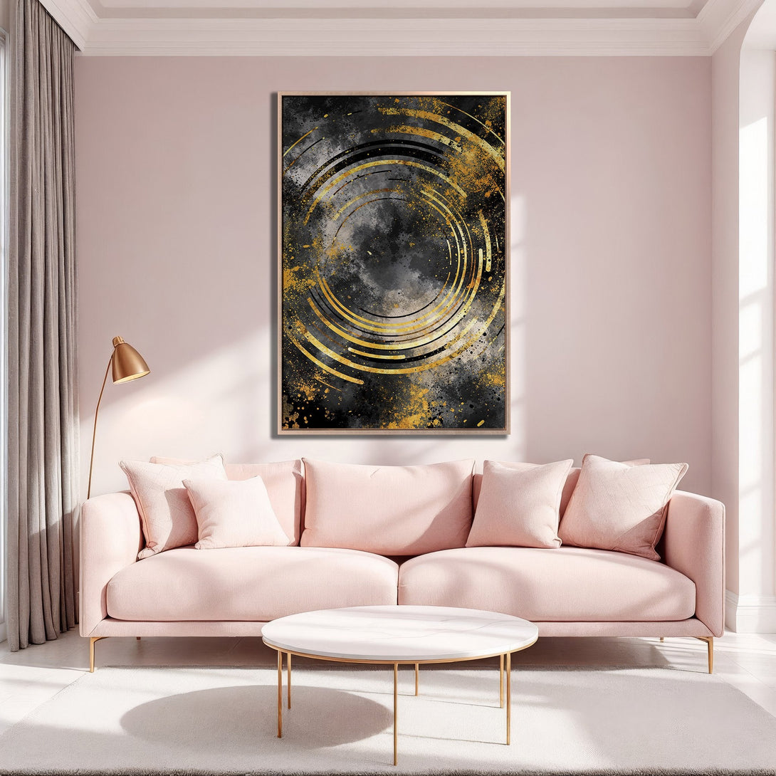 Framed Wall Art: Abstract black and gold canvas print in a modern living room. Adds a touch of luxury with a soft, blush pink color palette.