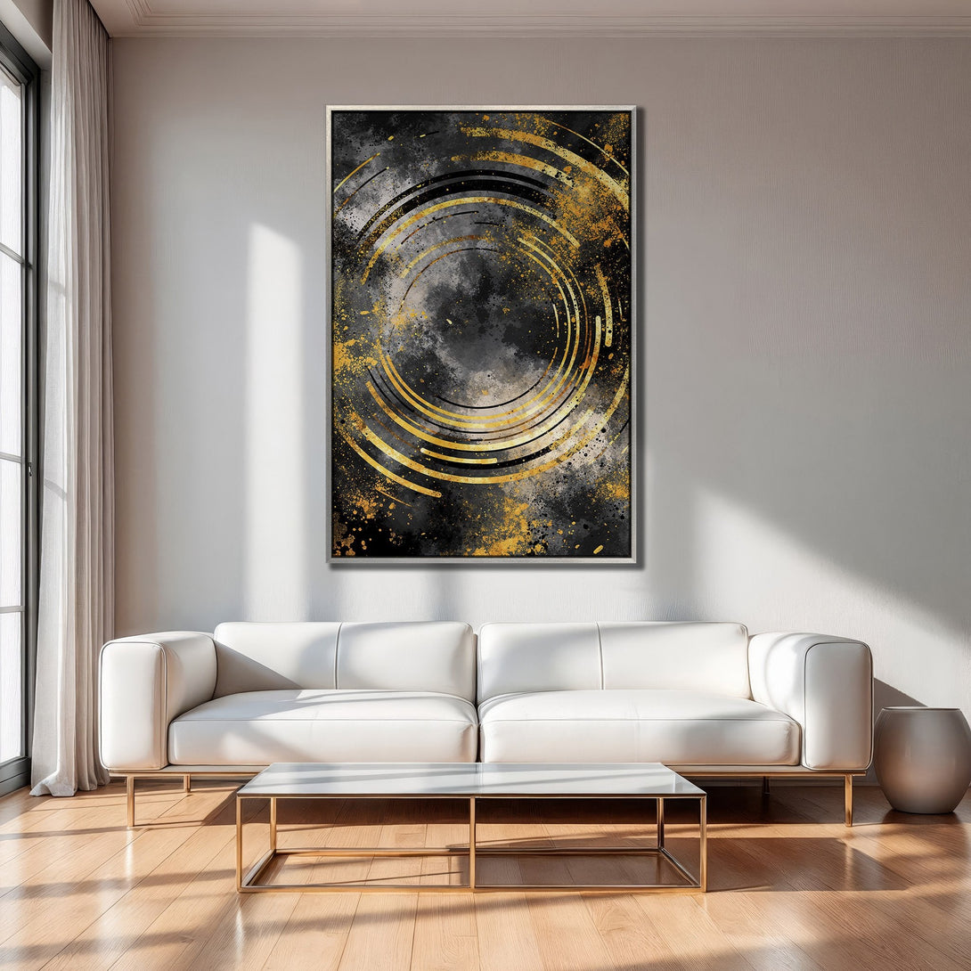 Modern Framed Wall Art with abstract gold and black design, showcased in a stylish interior setting. Enhance your space with this unique canvas print.