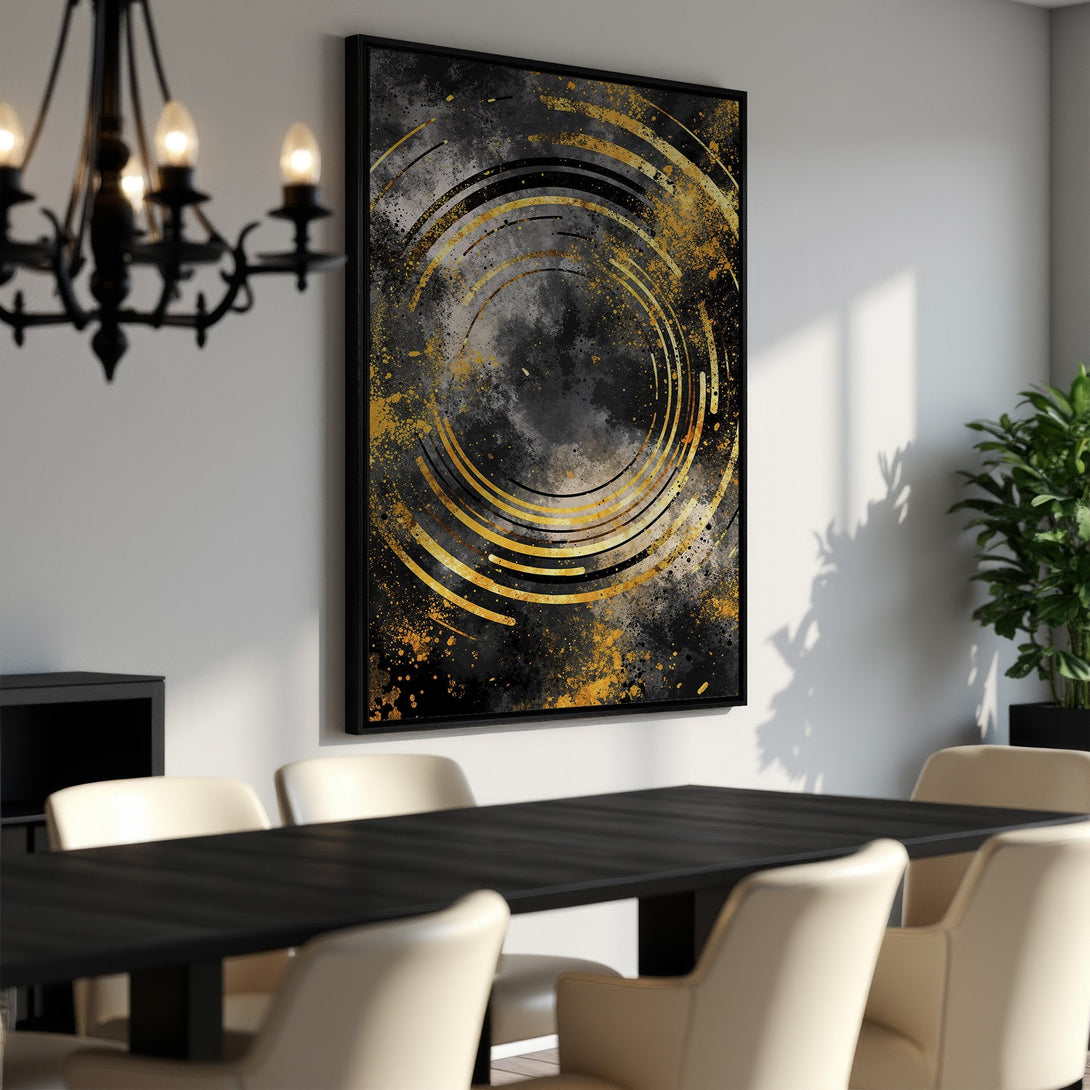 Framed Wall Art: Abstract gold and black art print. Modern style canvas print with a striking, elegant design for your dining room or living room.