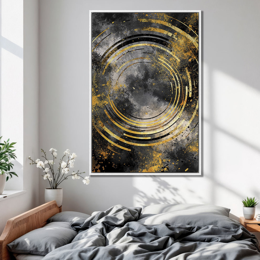 Framed Wall Art featuring abstract gold and black design, perfect for bedroom decor. Modern art canvas print with a luxurious touch.
