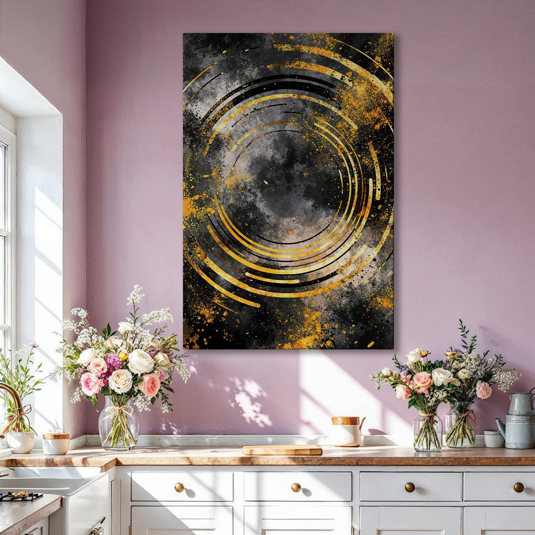 Framed Wall Art: Abstract gold and black art print adds a modern touch to any space. Dramatic color palette perfect for living room decor.