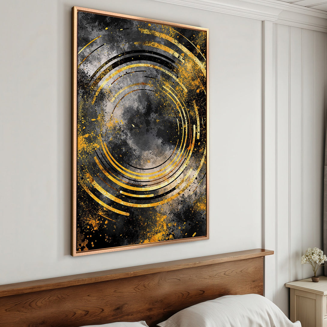Framed Wall Art: Abstract black and gold canvas print. Modern art with a splash of color, perfect for bedroom decor.