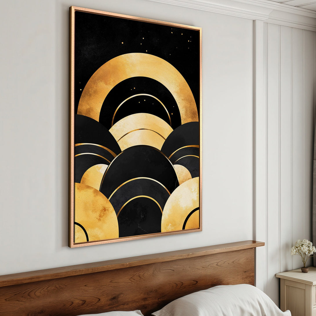 Framed Wall Art featuring a modern, abstract design in black and gold. Perfect for adding a touch of luxury to your bedroom decor.