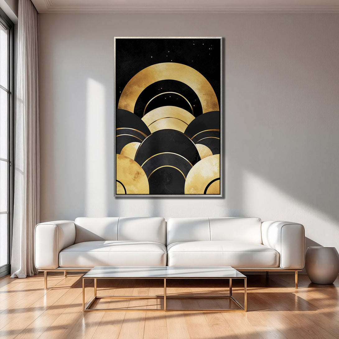Framed Wall Art: Abstract gold and black art print in a modern interior. Stylish decor with a sophisticated color palette.