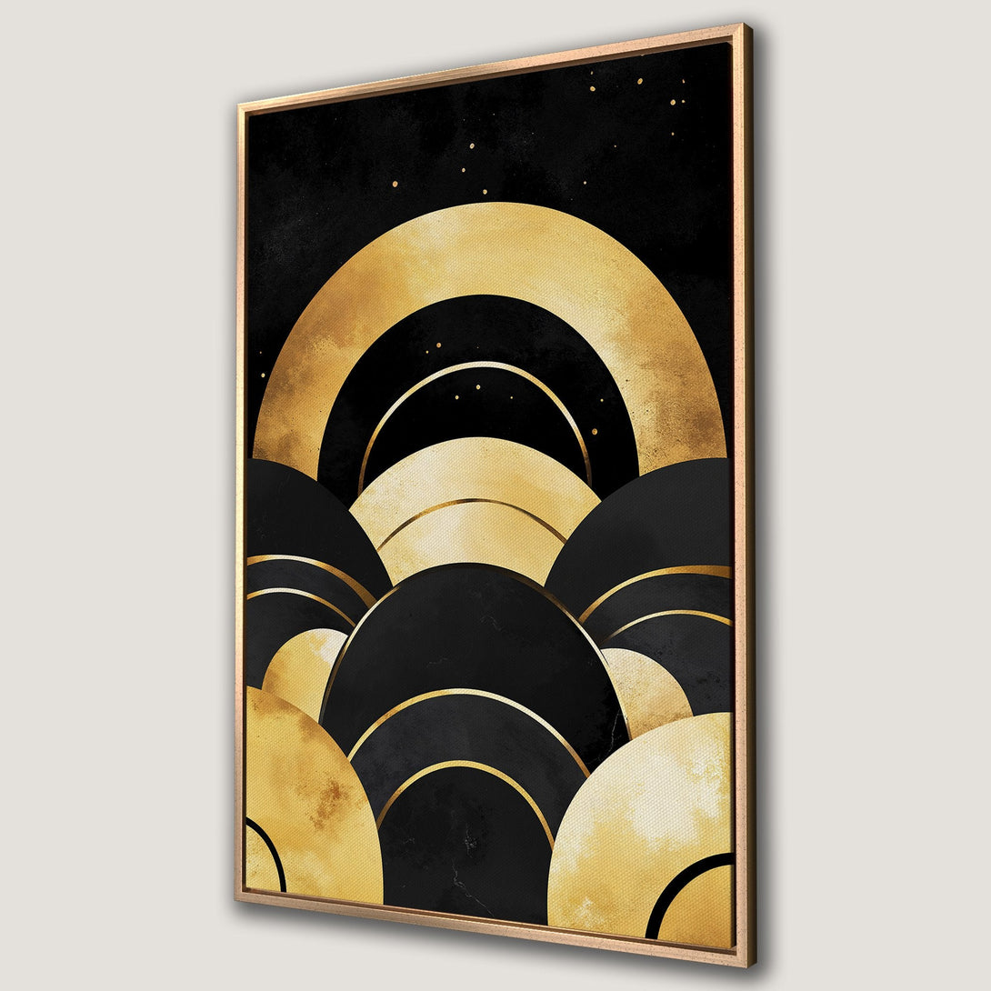 Framed Wall Art featuring an abstract geometric design in black and gold. Modern art canvas print perfect for adding elegance to any space.