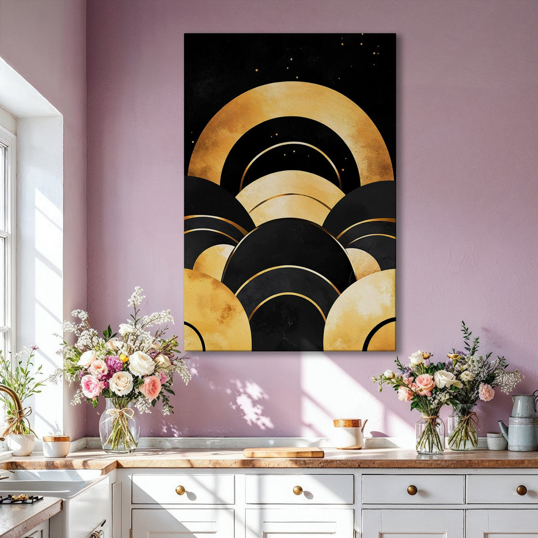 Framed Wall Art featuring an abstract geometric design in black and gold. Modern art canvas print adds a touch of luxury to any interior.