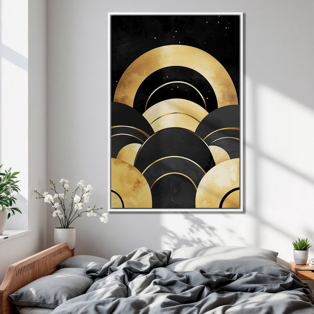 Framed Wall Art featuring an abstract geometric design in black and gold. Modern art print perfect for bedroom decor.