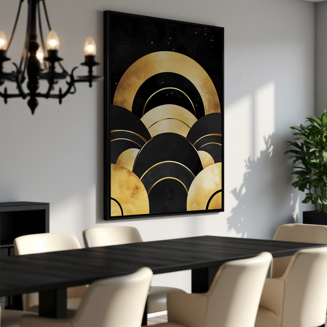 Framed Wall Art featuring a modern abstract design in black and gold. Perfect for adding a touch of elegance to your dining room!