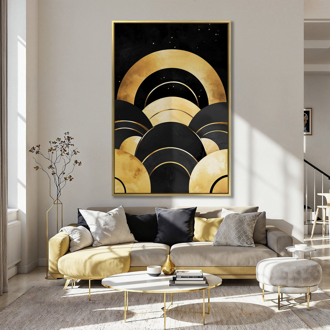 Canvas Print featuring an abstract geometric design in black and gold, displayed in a stylish kitchen. Modern wall art with a luxurious feel.