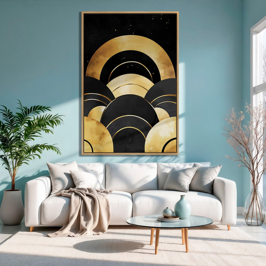 Framed Wall Art featuring an abstract geometric design in gold and black, displayed in a modern living room with a teal wall.