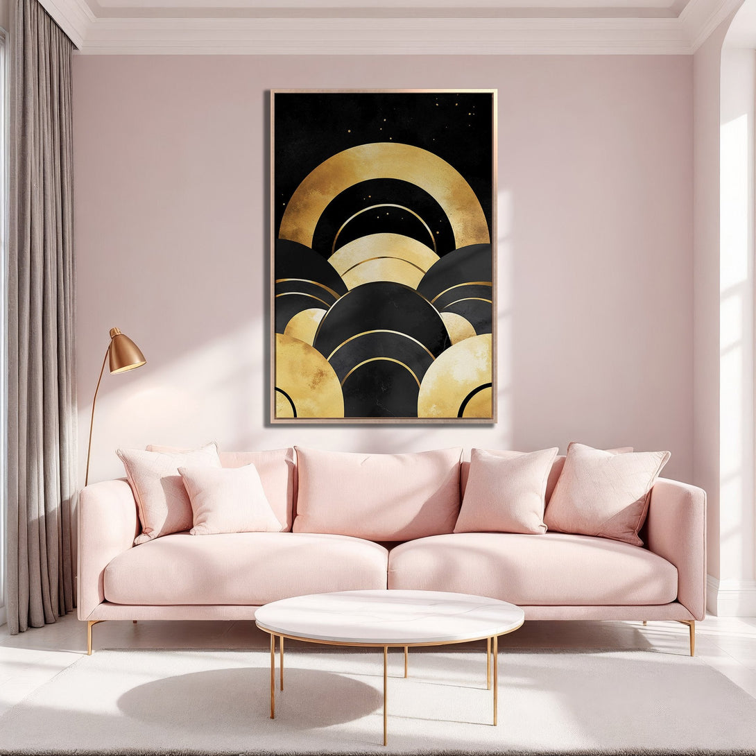 Framed Wall Art: Abstract gold and black design. Modern art print in a stylish interior. Adds a touch of elegance to any room.