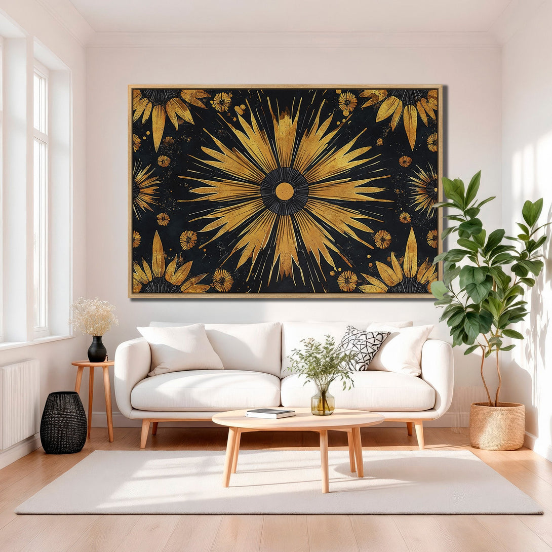 Framed Wall Art: Stunning gold and black abstract art canvas print. Modern, stylish decor with a striking sunburst design. Perfect for living rooms!