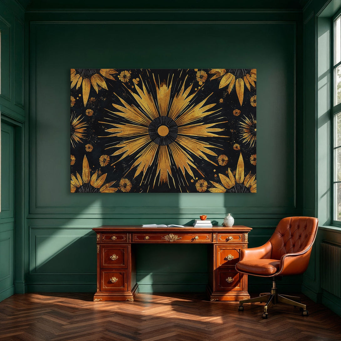 Framed Wall Art: Abstract floral design in gold and black. Modern canvas print adds a touch of elegance to any dining room. Shop now!
