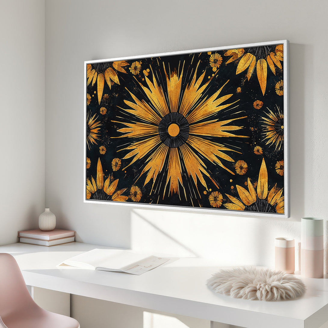 Framed Wall Art: Abstract floral design in gold and black. Modern art canvas print for home decor. Adds a touch of elegance to any room.