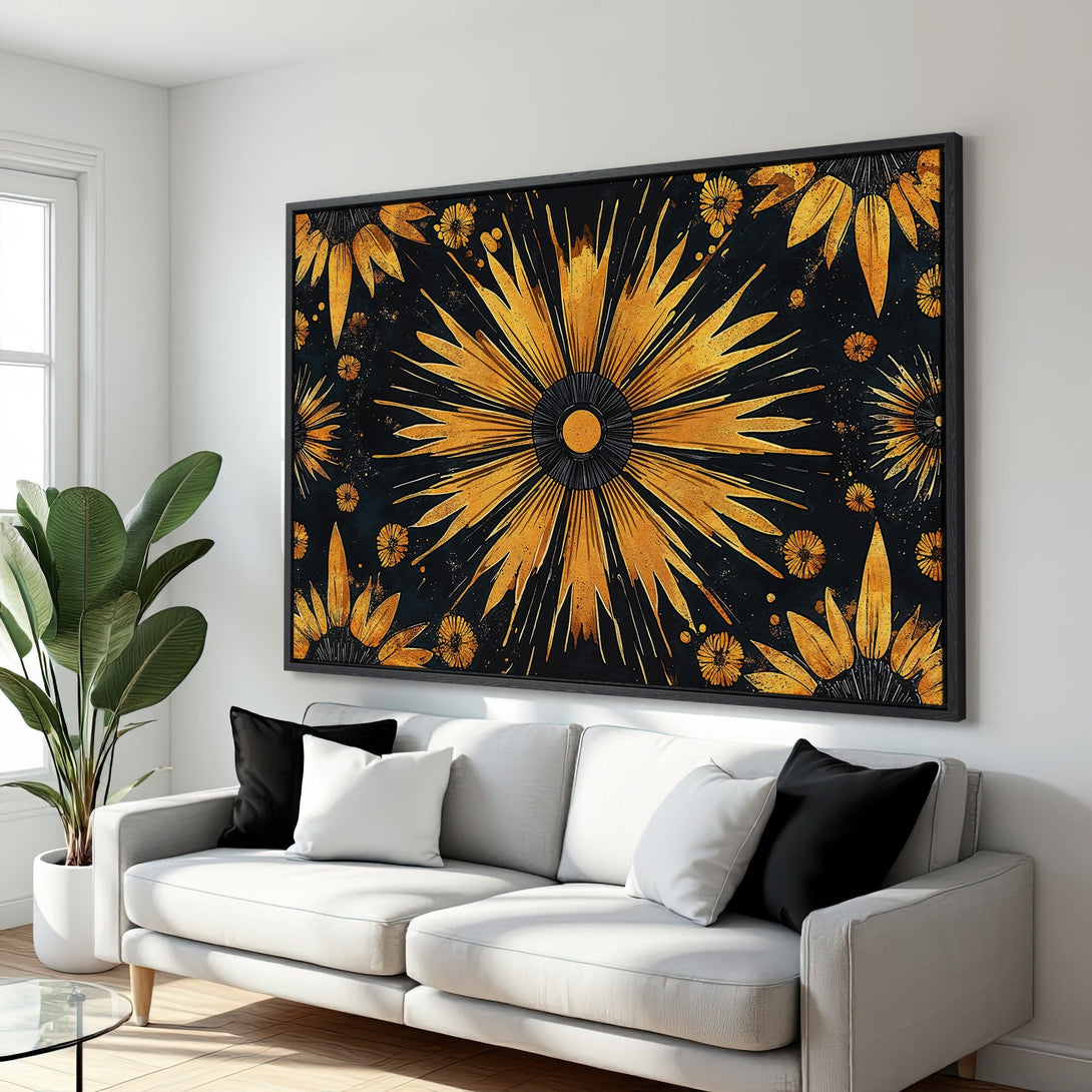 Framed Wall Art featuring a golden sunflower design on a black background. Modern, abstract style with a warm, inviting color palette. Elevate your space today!