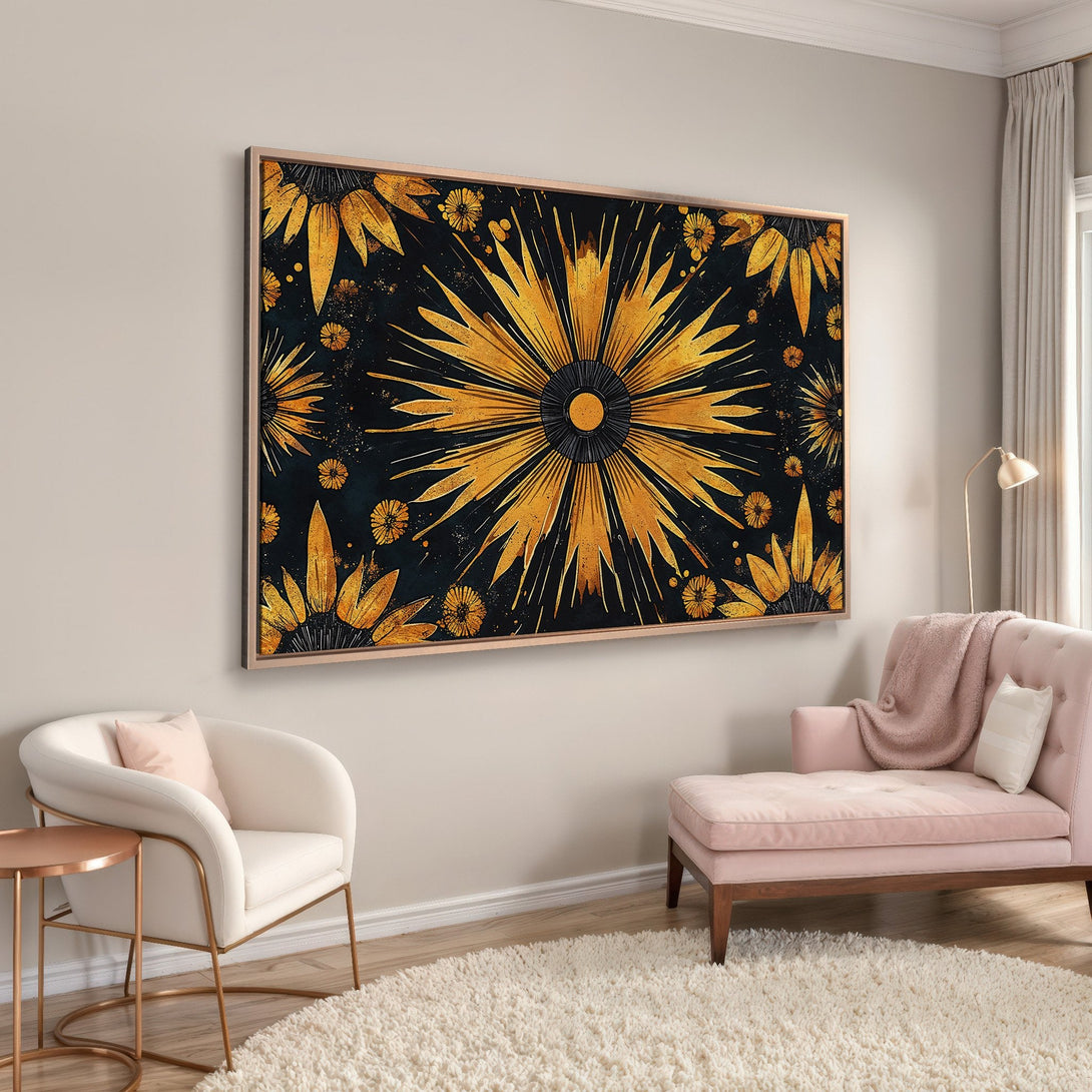 Framed Wall Art: Abstract gold floral design on black canvas. Modern art with a warm, luxurious feel. Perfect for living rooms and bedrooms.