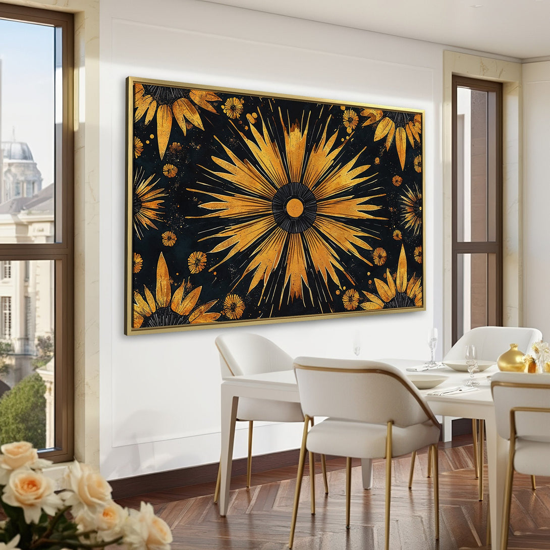 Canvas Print featuring a gold floral design on a black background. Stylish wall art, perfect for adding elegance to any room.