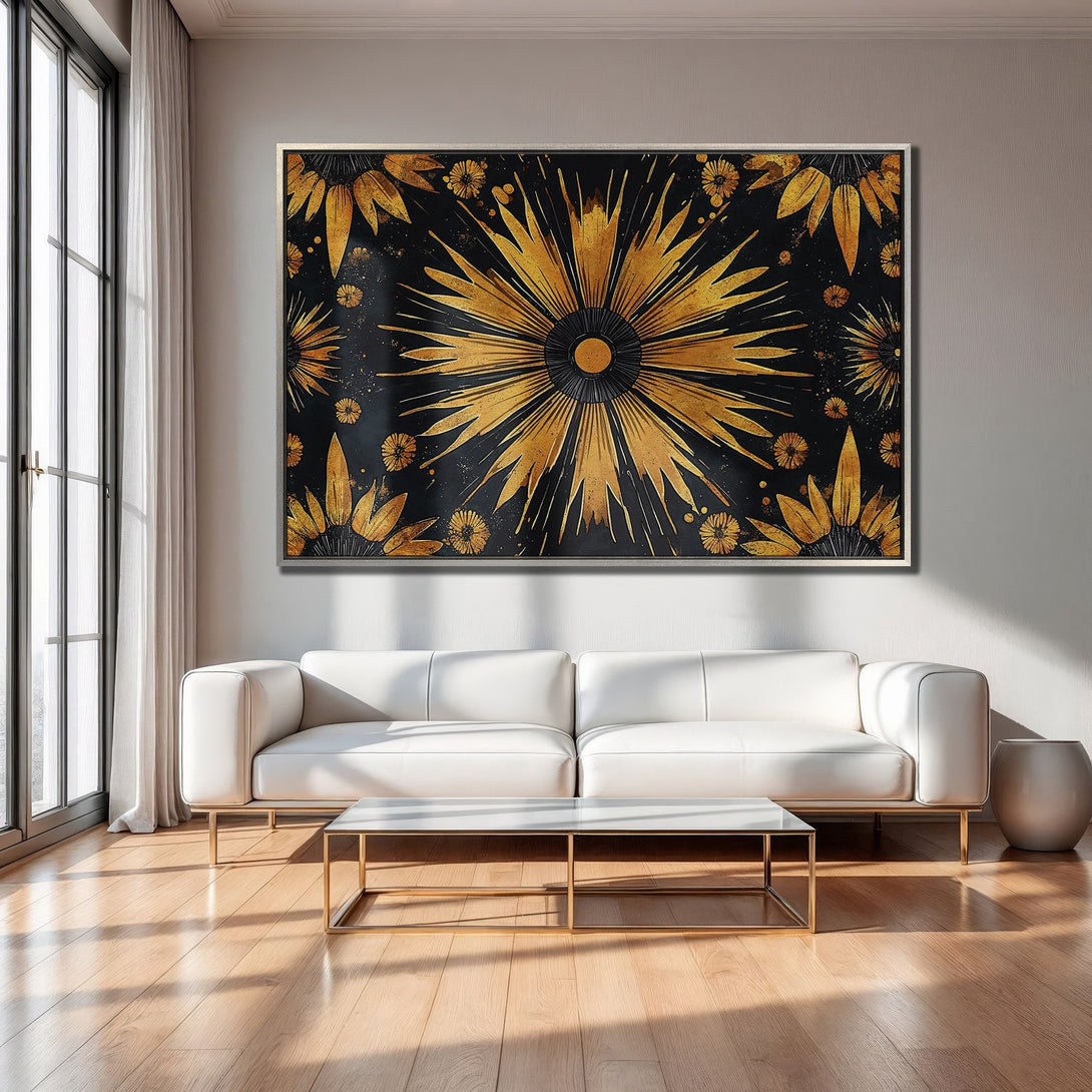 Framed Wall Art: Abstract gold floral design on black. Modern Canvas Print adds elegance to living room decor. Shop now for wall art!
